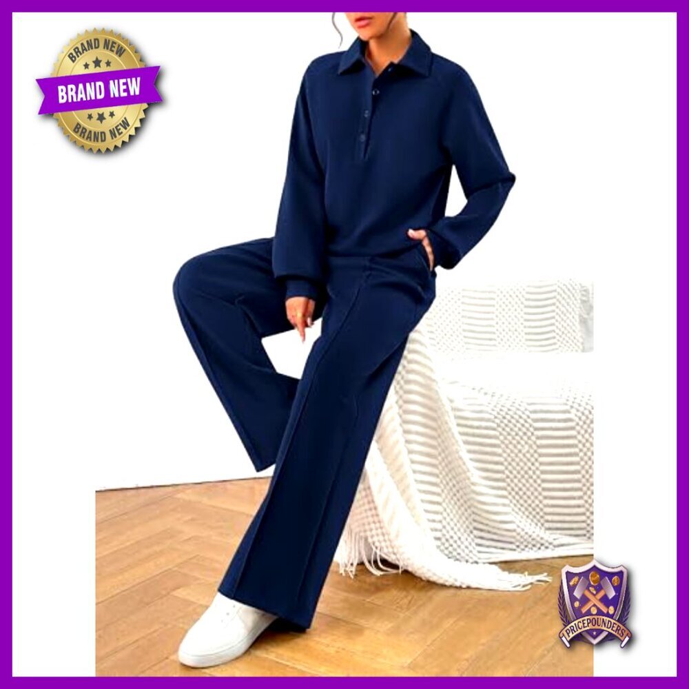 Quarter Button Sweatshirt Wide Leg Pants Lounge Set Tracksuit Cozy Chic - Picture 5 of 7